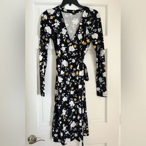 Ann Taylor Floral Wrap Dress - Black and White with Yellow Accents